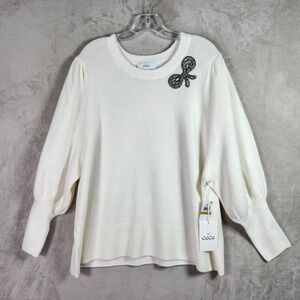 CeCe Beaded Bow Pullover Sweater Womens 3X Antique White Puff Sleeve Knit Office